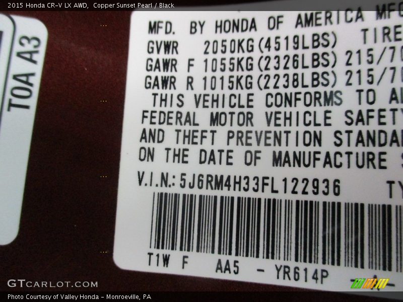 Copper Sunset Pearl / Black 2015 Honda CR-V LX AWD