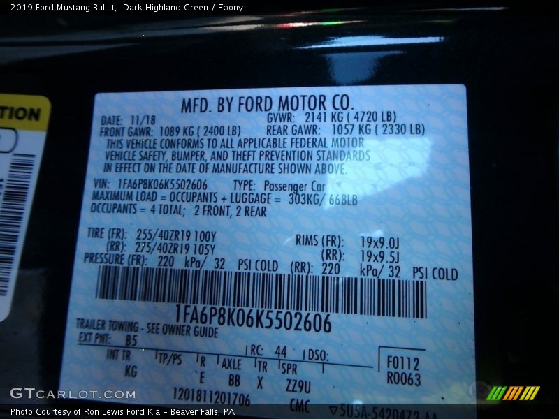 2019 Mustang Bullitt Dark Highland Green Color Code B5