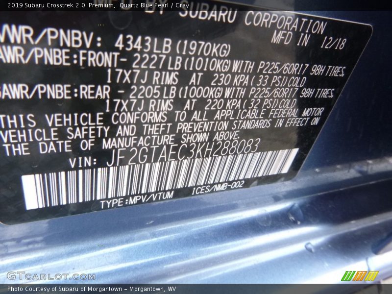 Quartz Blue Pearl / Gray 2019 Subaru Crosstrek 2.0i Premium