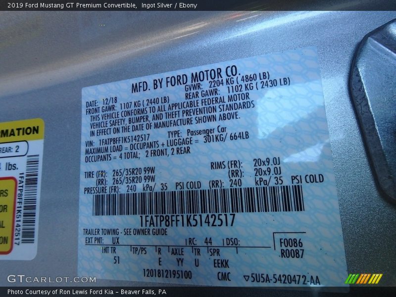 2019 Mustang GT Premium Convertible Ingot Silver Color Code UX