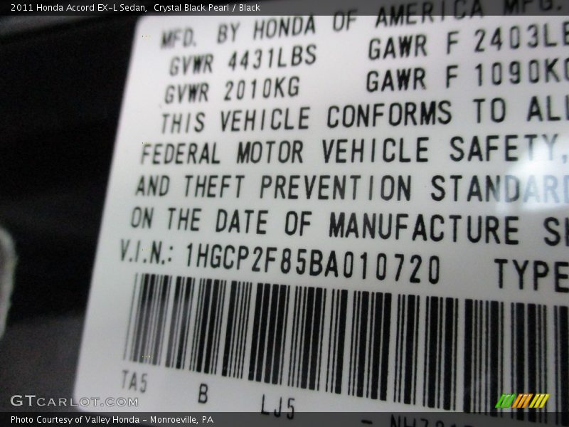 Crystal Black Pearl / Black 2011 Honda Accord EX-L Sedan