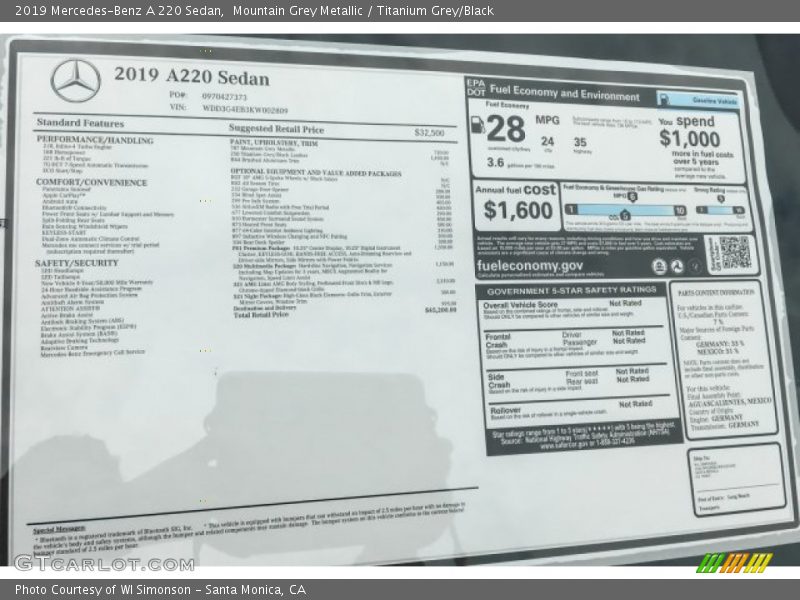 Mountain Grey Metallic / Titanium Grey/Black 2019 Mercedes-Benz A 220 Sedan