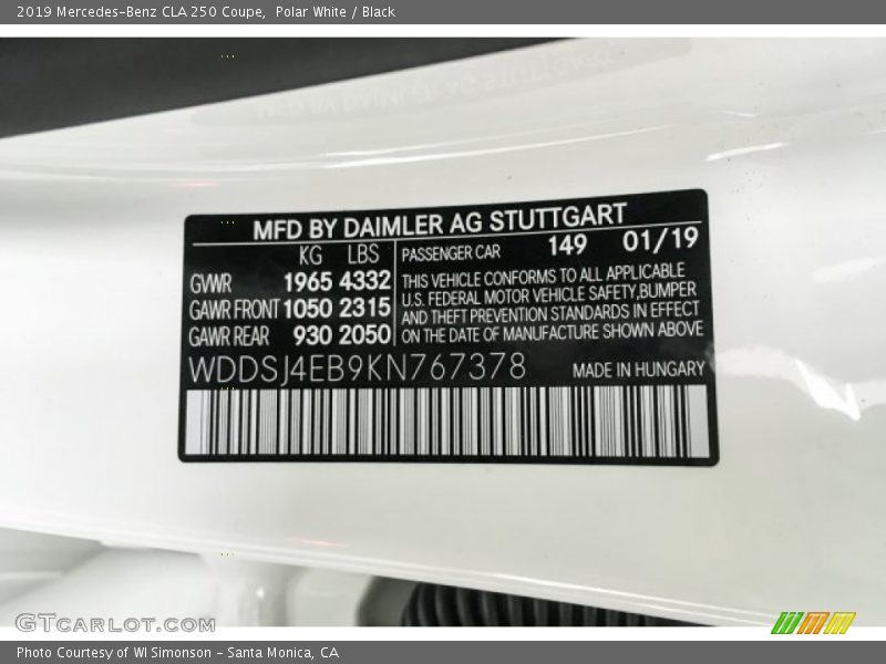 Polar White / Black 2019 Mercedes-Benz CLA 250 Coupe