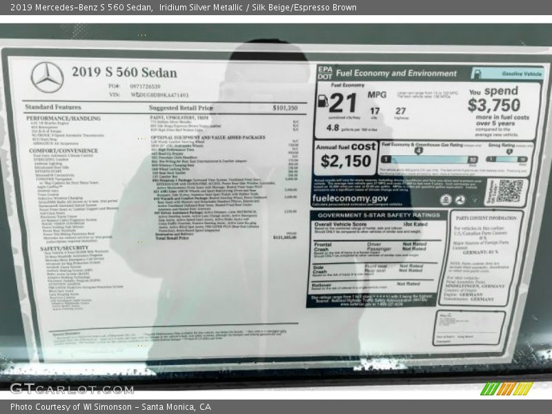  2019 S 560 Sedan Window Sticker