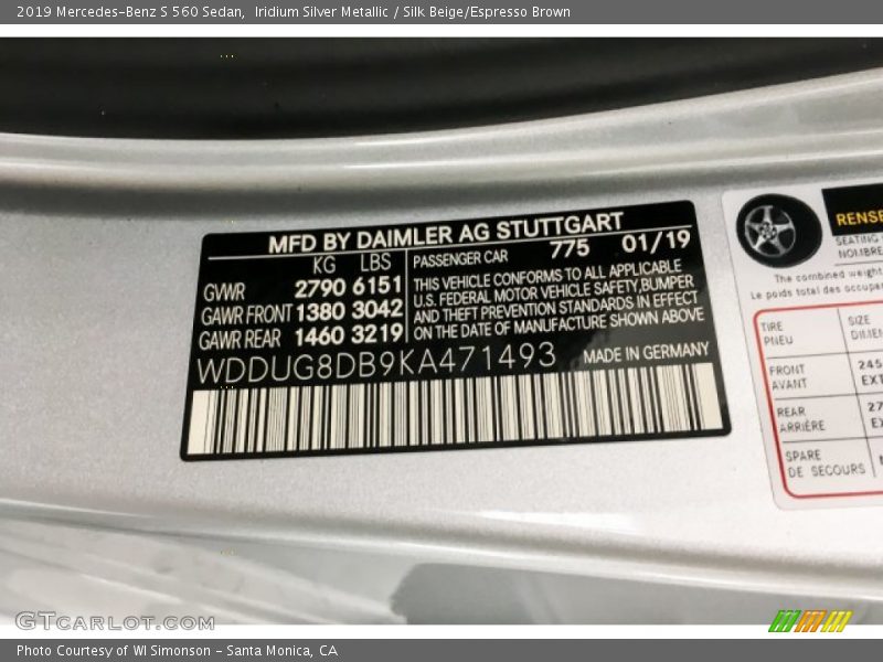 2019 S 560 Sedan Iridium Silver Metallic Color Code 775