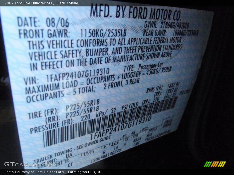 Black / Shale 2007 Ford Five Hundred SEL