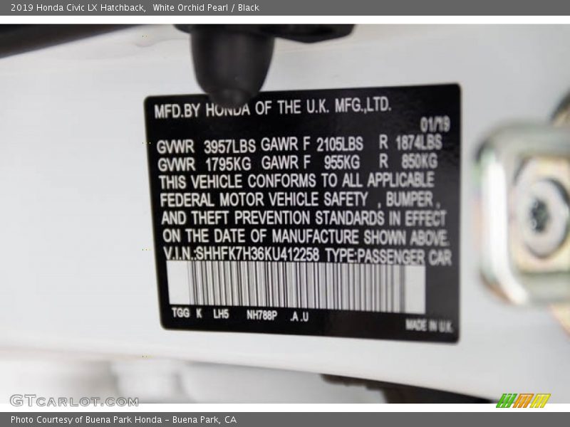 White Orchid Pearl / Black 2019 Honda Civic LX Hatchback