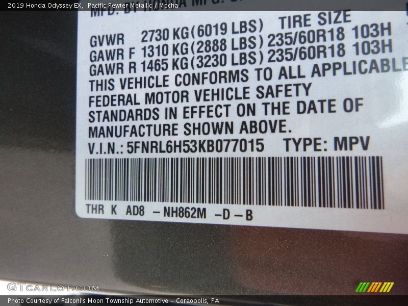Pacific Pewter Metallic / Mocha 2019 Honda Odyssey EX