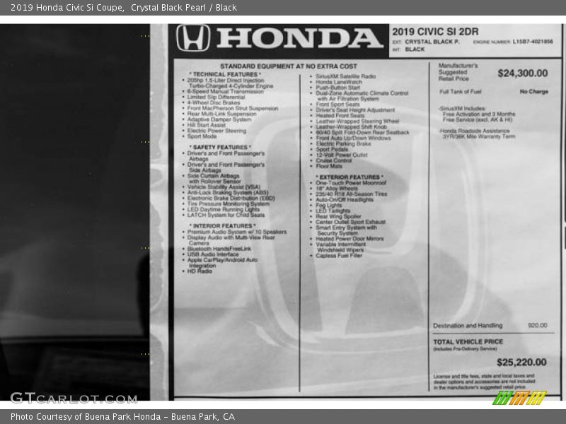 Crystal Black Pearl / Black 2019 Honda Civic Si Coupe