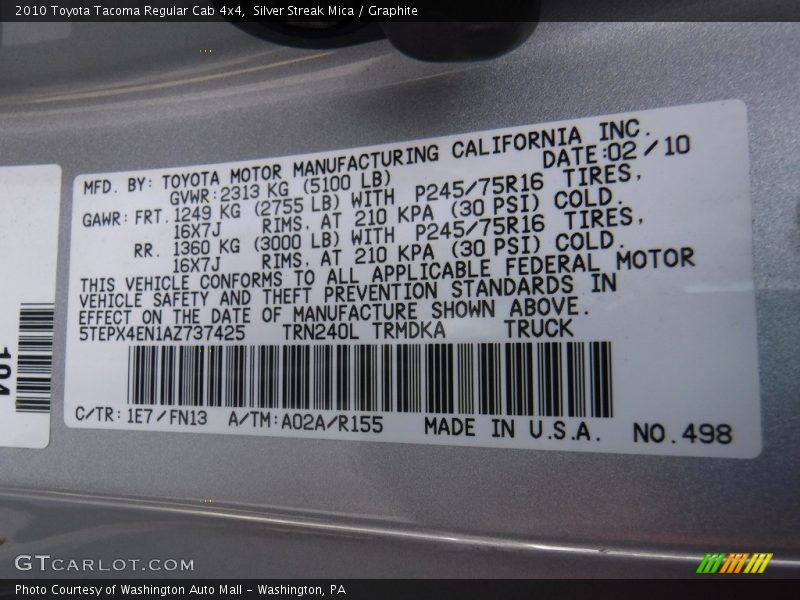 Silver Streak Mica / Graphite 2010 Toyota Tacoma Regular Cab 4x4