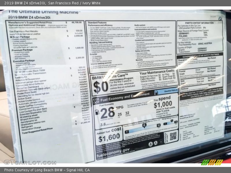  2019 Z4 sDrive30i Window Sticker