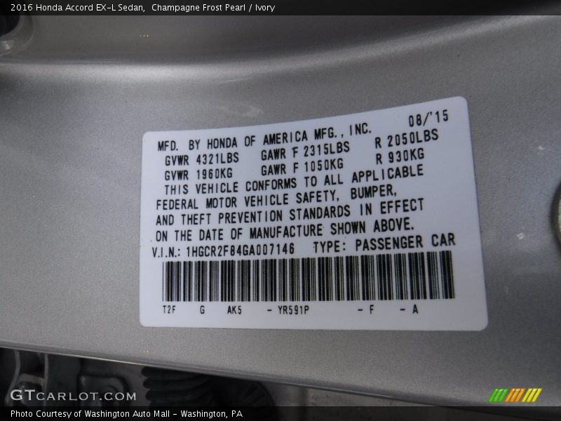 Champagne Frost Pearl / Ivory 2016 Honda Accord EX-L Sedan