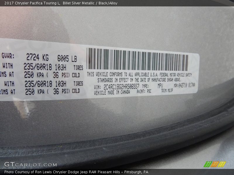 Billet Silver Metallic / Black/Alloy 2017 Chrysler Pacifica Touring L