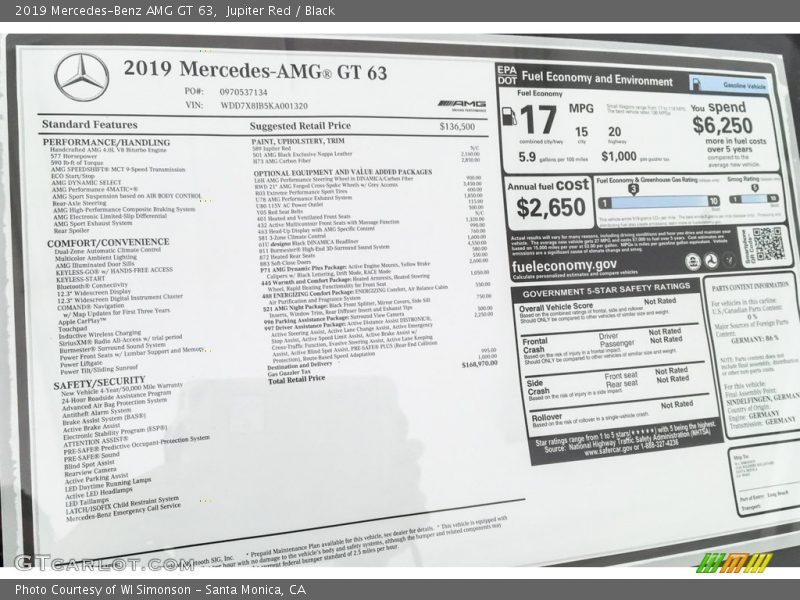  2019 AMG GT 63 Window Sticker