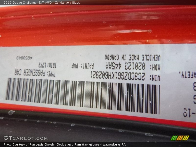 2019 Challenger SXT AWD Go Mango Color Code PVP