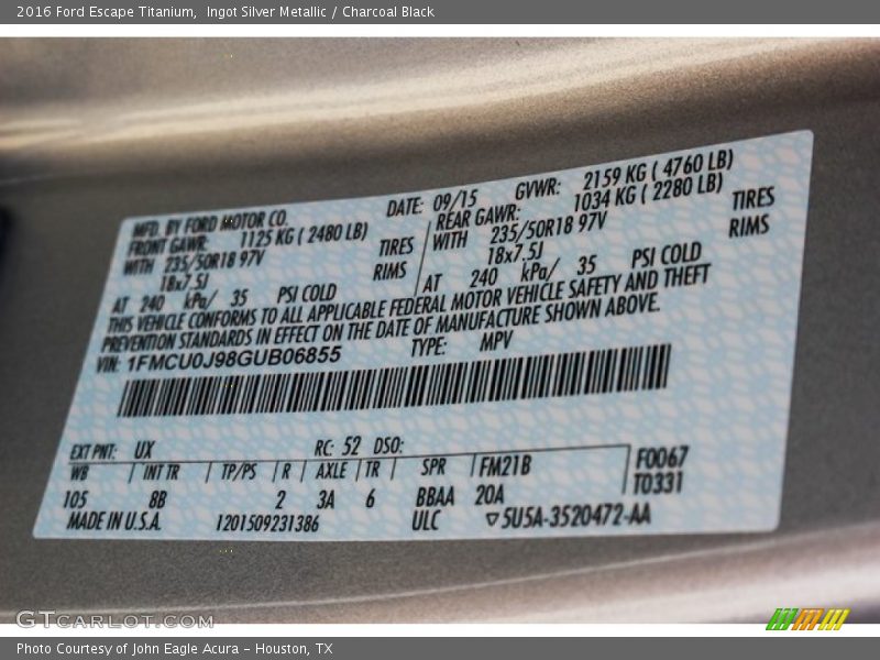 Ingot Silver Metallic / Charcoal Black 2016 Ford Escape Titanium