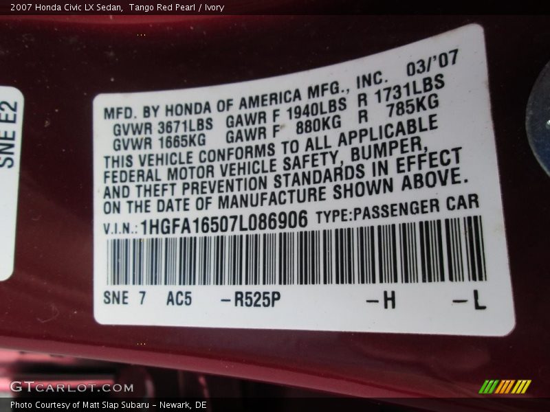 Tango Red Pearl / Ivory 2007 Honda Civic LX Sedan