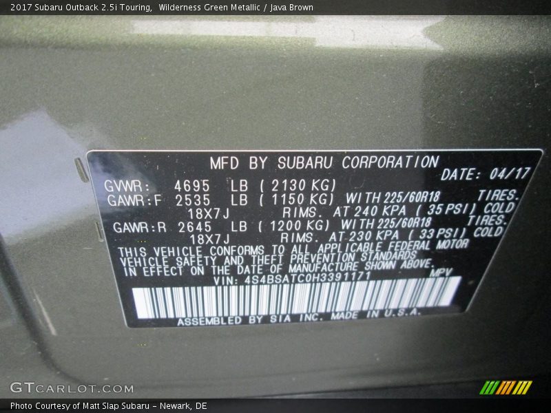 Wilderness Green Metallic / Java Brown 2017 Subaru Outback 2.5i Touring