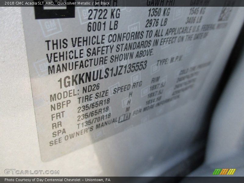 Quicksilver Metallic / Jet Black 2018 GMC Acadia SLT AWD