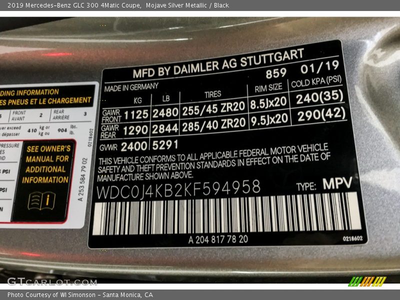 2019 GLC 300 4Matic Coupe Mojave Silver Metallic Color Code 859