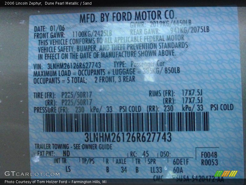 Dune Pearl Metallic / Sand 2006 Lincoln Zephyr