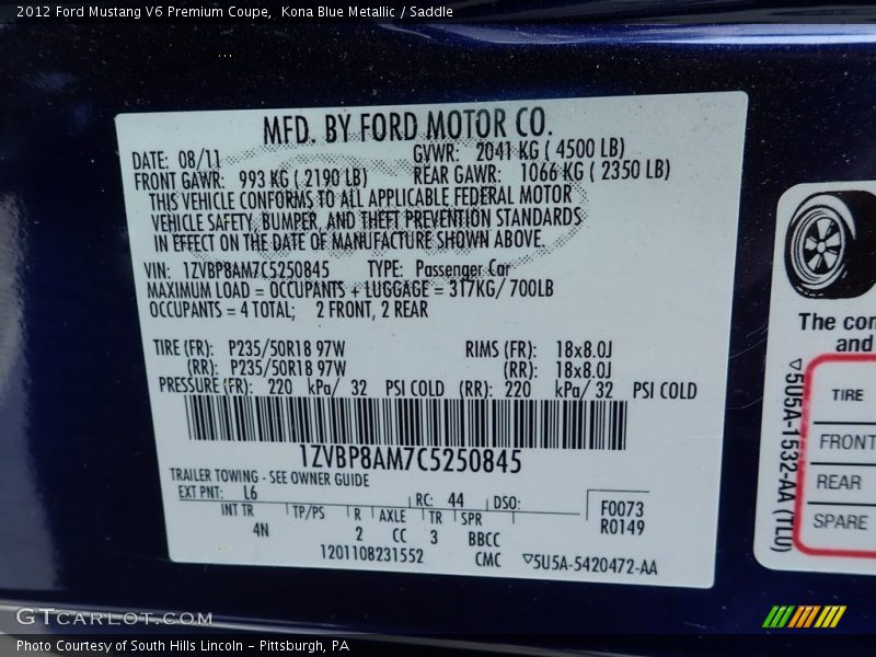 Kona Blue Metallic / Saddle 2012 Ford Mustang V6 Premium Coupe