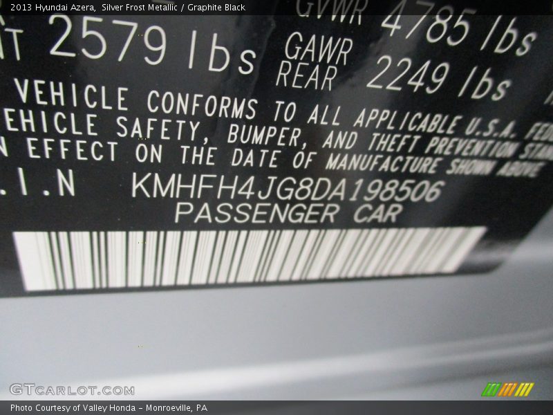 Silver Frost Metallic / Graphite Black 2013 Hyundai Azera