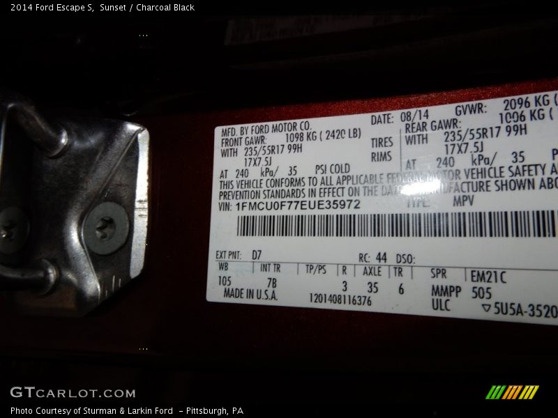 Sunset / Charcoal Black 2014 Ford Escape S