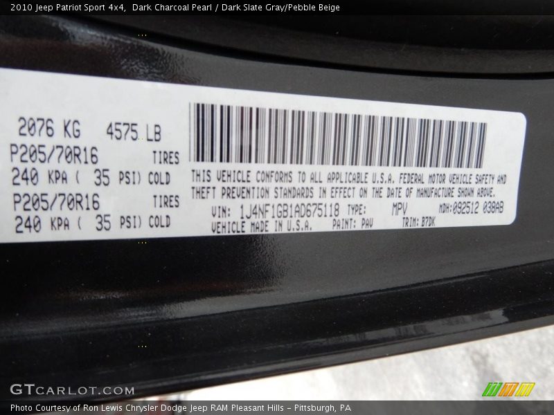 Dark Charcoal Pearl / Dark Slate Gray/Pebble Beige 2010 Jeep Patriot Sport 4x4
