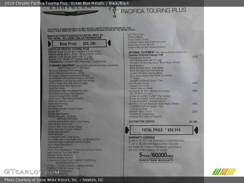 Ocean Blue Metallic / Black/Black 2019 Chrysler Pacifica Touring Plus