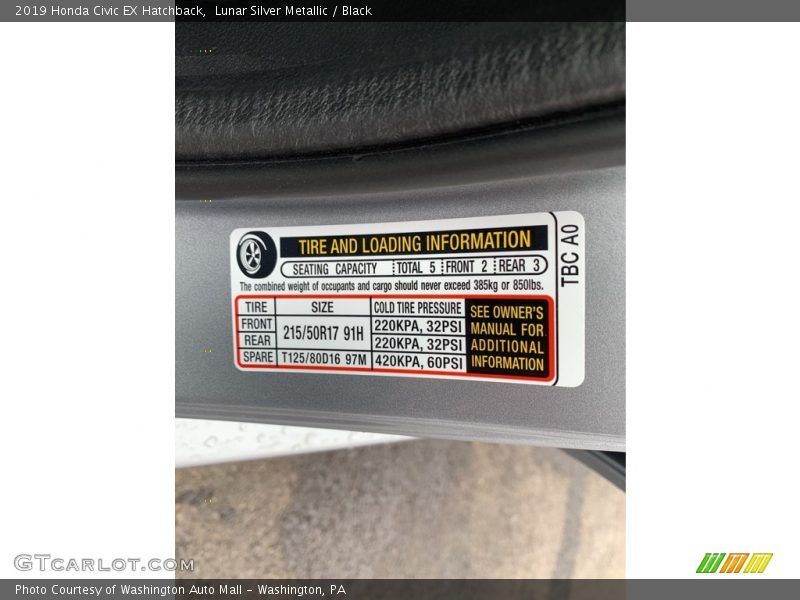 Lunar Silver Metallic / Black 2019 Honda Civic EX Hatchback