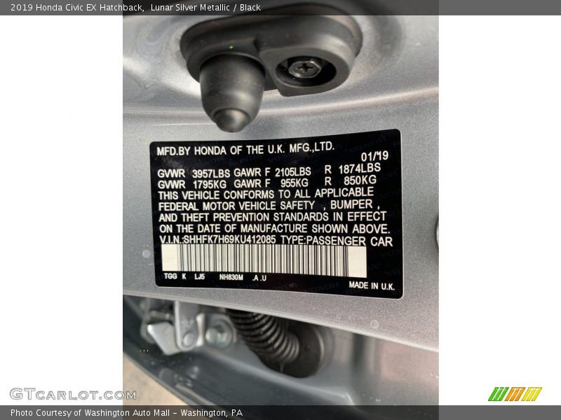 Lunar Silver Metallic / Black 2019 Honda Civic EX Hatchback