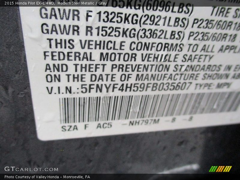 Modern Steel Metallic / Gray 2015 Honda Pilot EX-L 4WD
