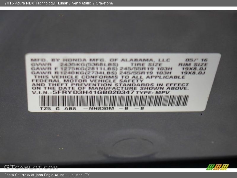 Lunar Silver Metallic / Graystone 2016 Acura MDX Technology