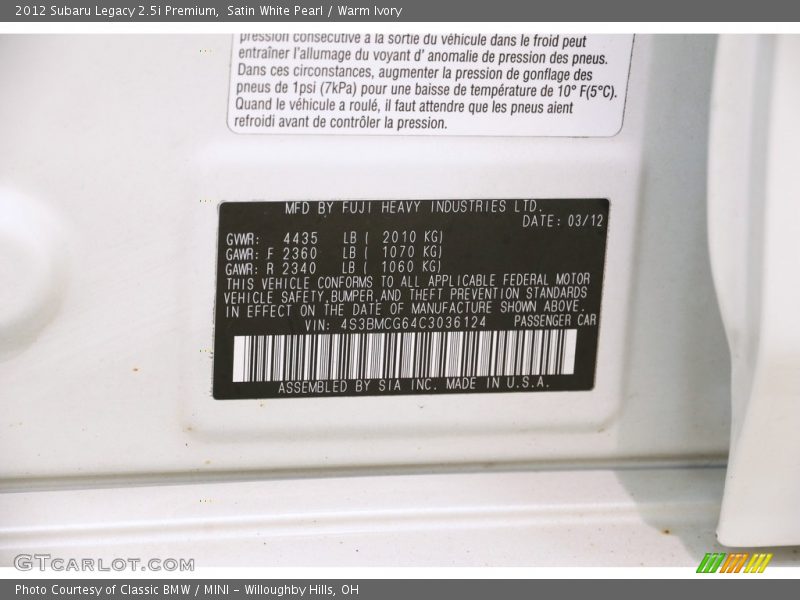 Satin White Pearl / Warm Ivory 2012 Subaru Legacy 2.5i Premium