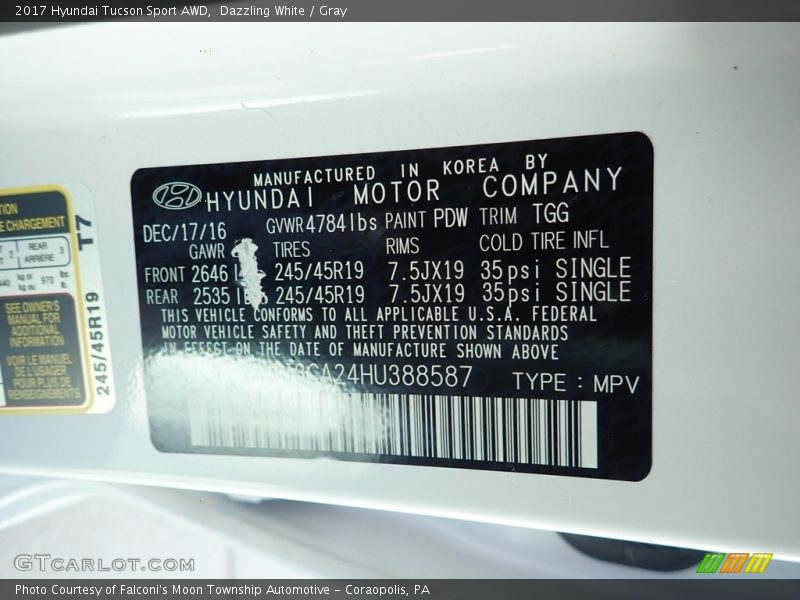 Dazzling White / Gray 2017 Hyundai Tucson Sport AWD