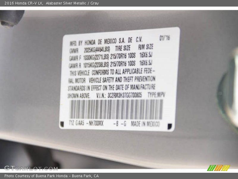 Alabaster Silver Metallic / Gray 2016 Honda CR-V LX