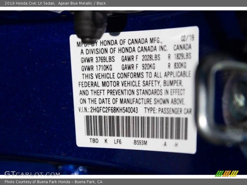 Agean Blue Metallic / Black 2019 Honda Civic LX Sedan