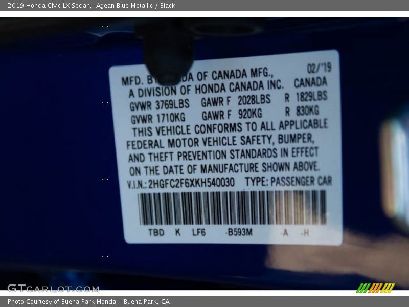 Agean Blue Metallic / Black 2019 Honda Civic LX Sedan