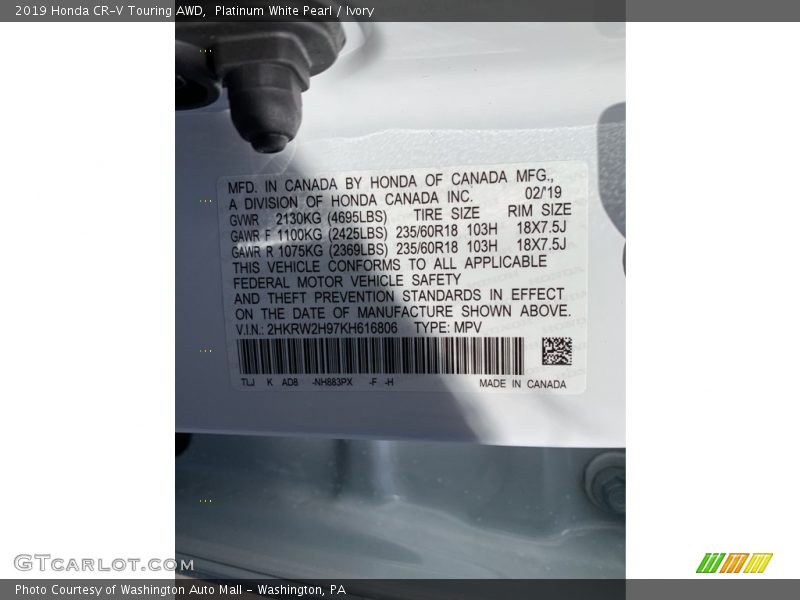 Platinum White Pearl / Ivory 2019 Honda CR-V Touring AWD