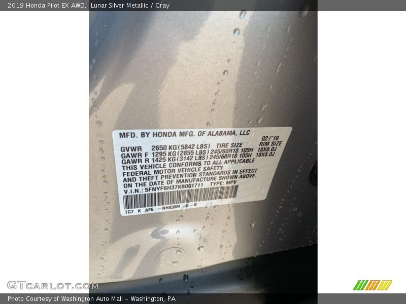 Lunar Silver Metallic / Gray 2019 Honda Pilot EX AWD