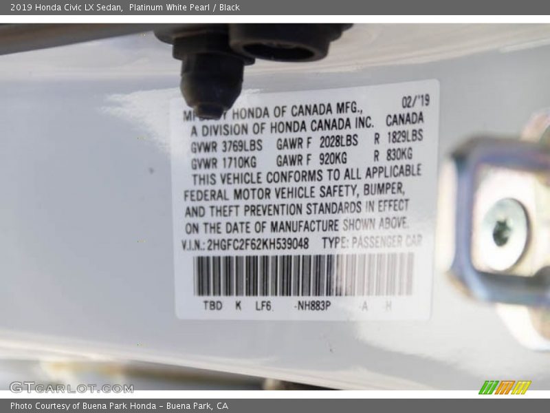 Platinum White Pearl / Black 2019 Honda Civic LX Sedan