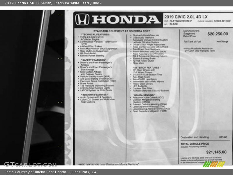 Platinum White Pearl / Black 2019 Honda Civic LX Sedan