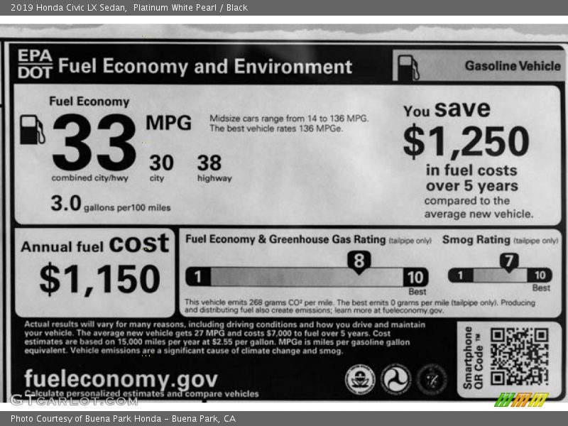 Platinum White Pearl / Black 2019 Honda Civic LX Sedan