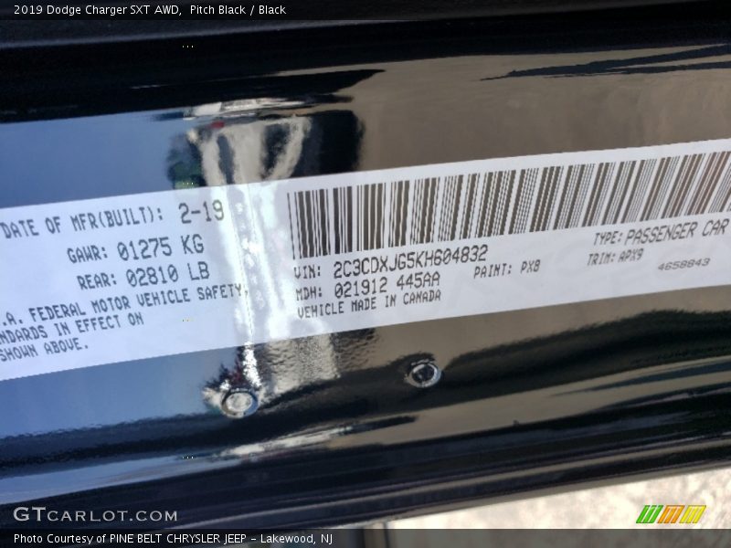 Pitch Black / Black 2019 Dodge Charger SXT AWD