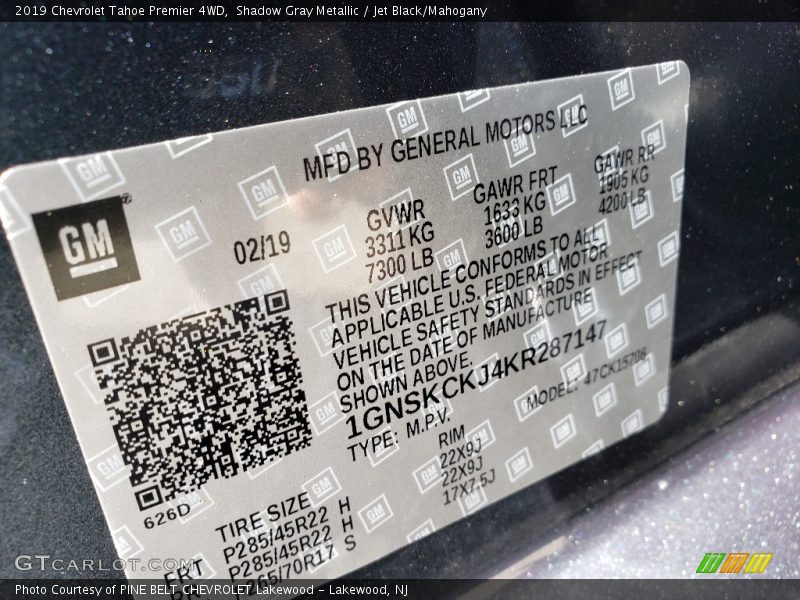 Shadow Gray Metallic / Jet Black/Mahogany 2019 Chevrolet Tahoe Premier 4WD
