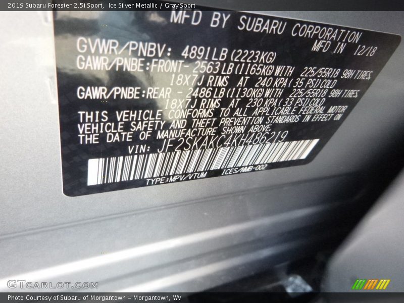 Ice Silver Metallic / Gray Sport 2019 Subaru Forester 2.5i Sport