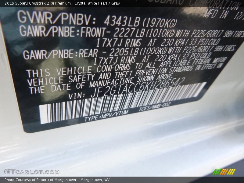 Crystal White Pearl / Gray 2019 Subaru Crosstrek 2.0i Premium