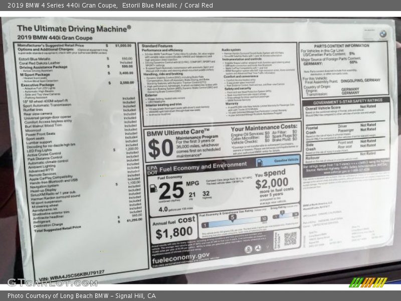 Estoril Blue Metallic / Coral Red 2019 BMW 4 Series 440i Gran Coupe