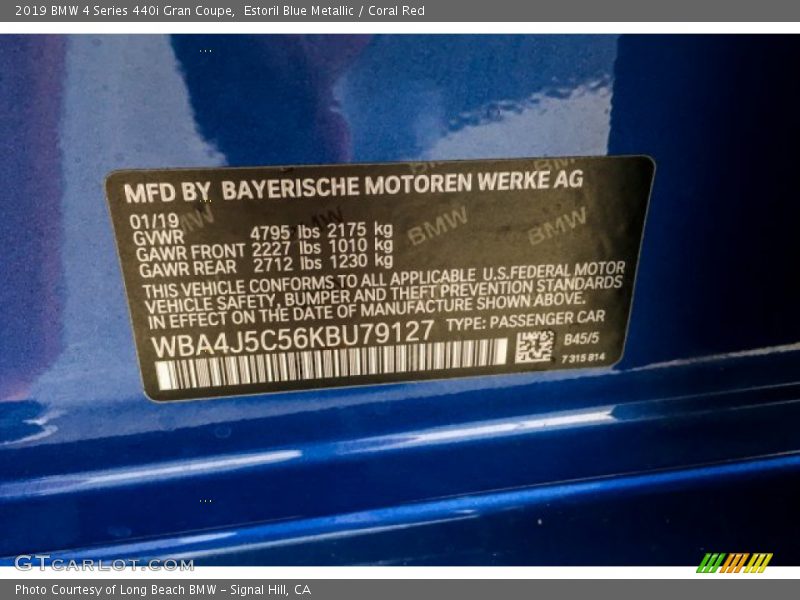 Estoril Blue Metallic / Coral Red 2019 BMW 4 Series 440i Gran Coupe